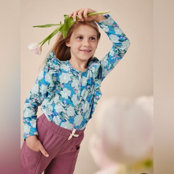 Tea collection ruffle shoulder Henley top monets garden nwt 14 coquette girl - Picture 5 of 8